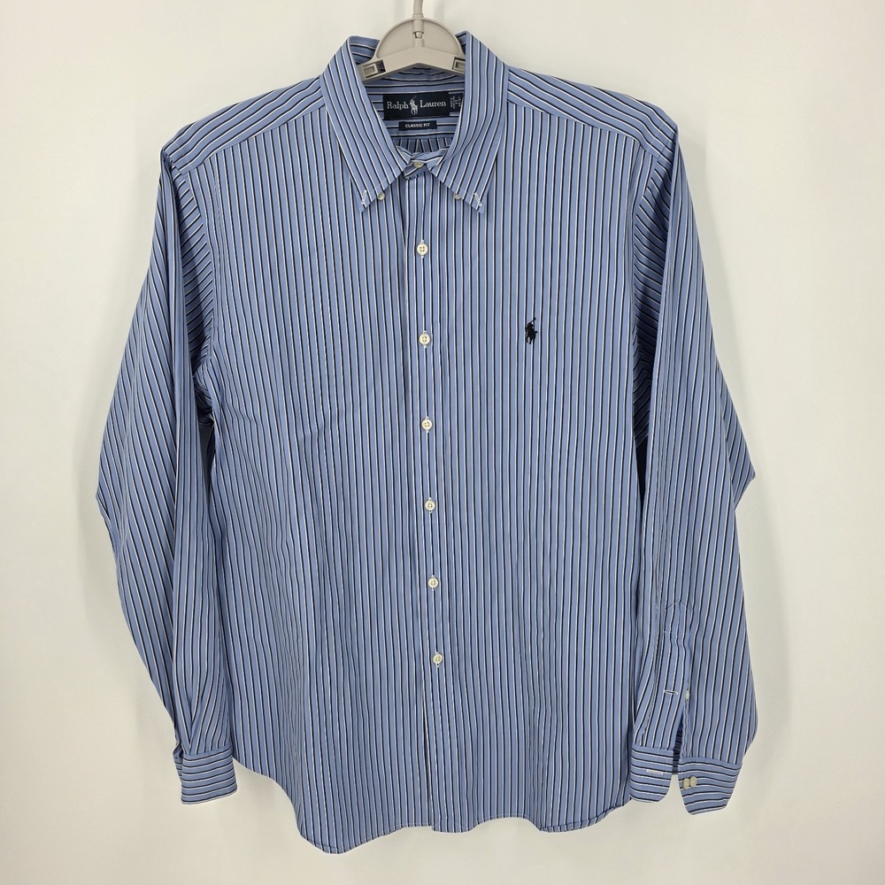 Ralph Lauren Men's Button Down Blue Black White LS Classic Fit Shirt Size 17/36